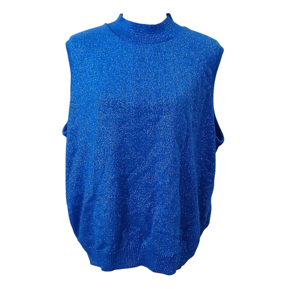Vtg Willow Ridge Sparkle Knit Mock Neck Sleeveless Sweater Top Blue Womens 3x